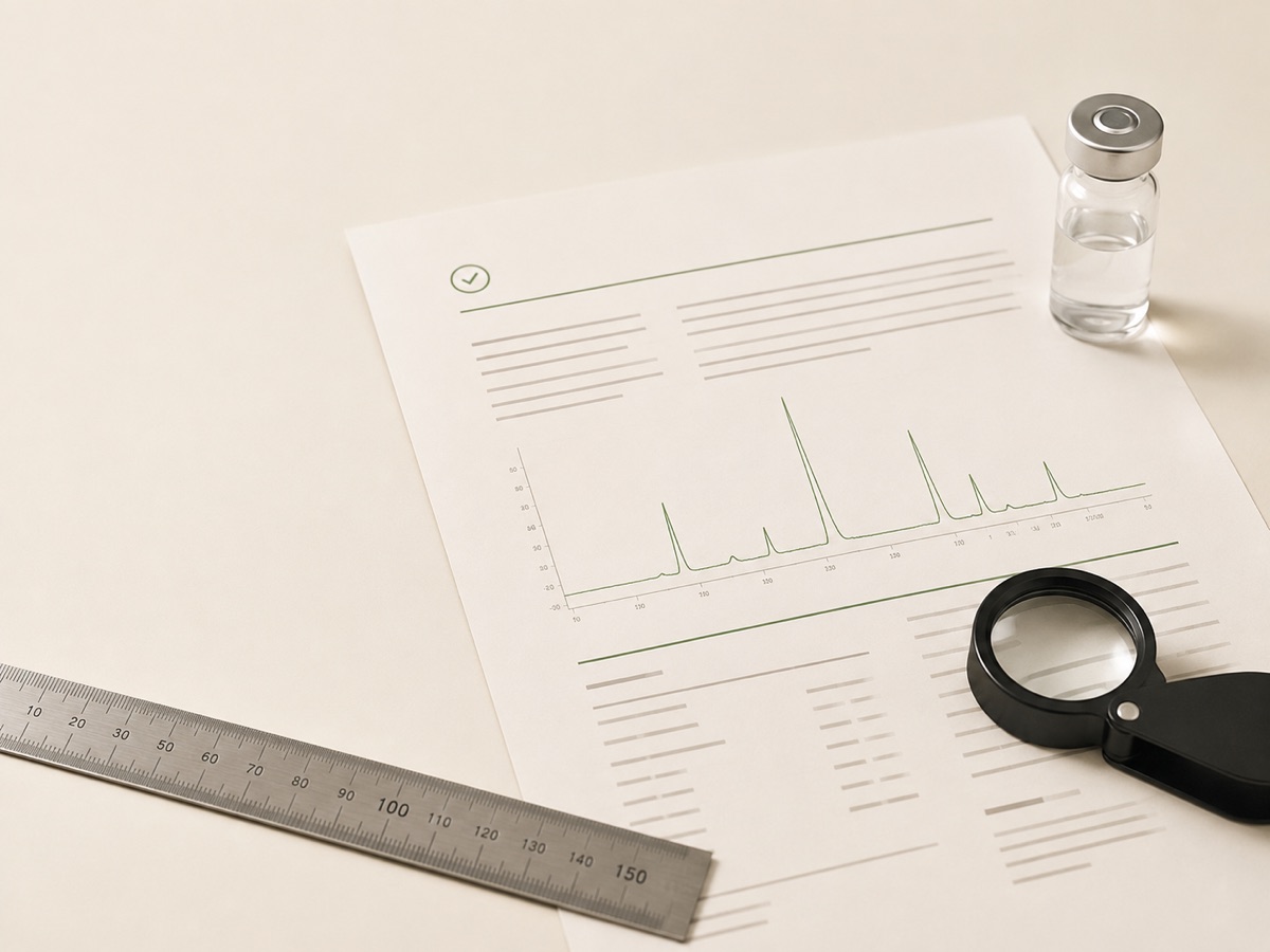 Analysecertificaat met chromatogram, vial, liniaal en loep